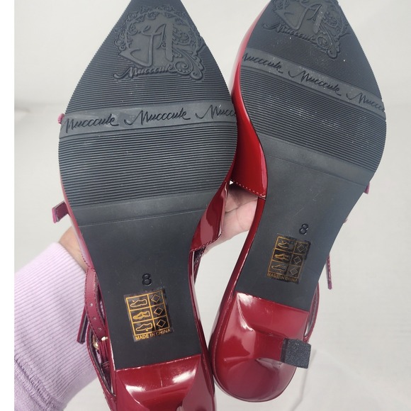 MUCCCUTE Red Patent Leather Slingback Kitten Heels Pointed Buckle Shoes Size 8 - Picture 8 of 10